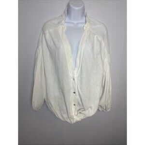 Zara Womens Large Cream Button Down Blouse Cotton Linen Blend Coastal Oversized